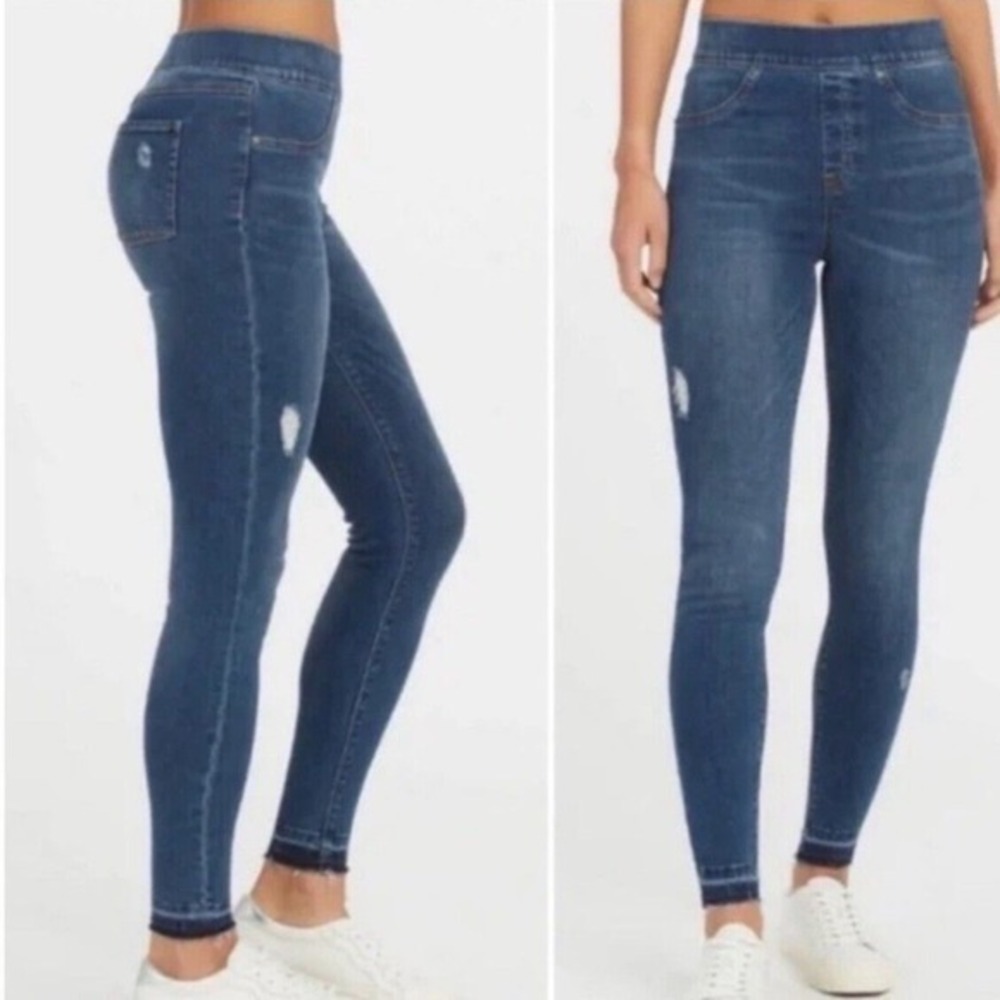 Spanx Distressed Ankle Skinny Medium‎ Wash Blue Jeans Women's Size Large